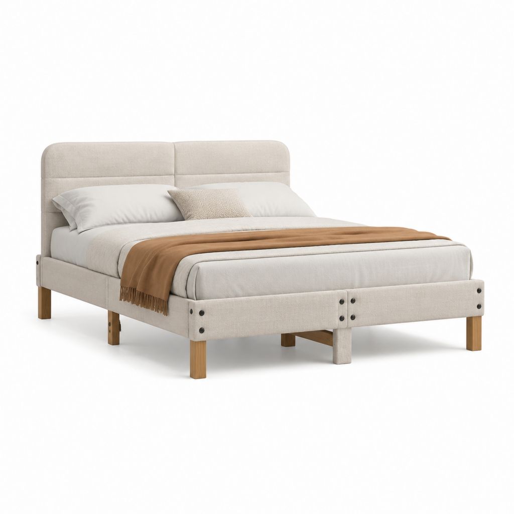 Polsterbett Doppelbett Beige mit Polyesterbezug und Massivholzbeinen 160 x 200 cm