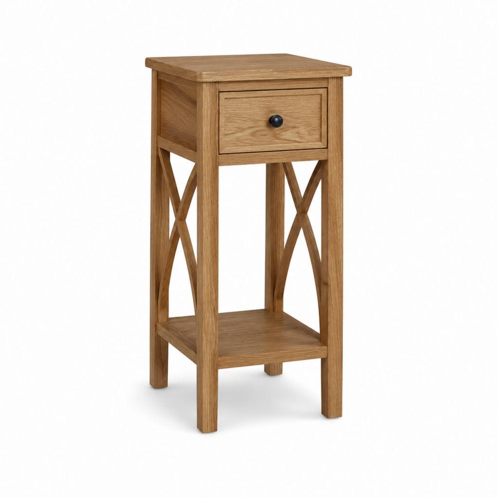 Beistelltisch aus massiver Eiche natur rechteckig mit Schublade und Ablage 40 x 40 x 75 cm