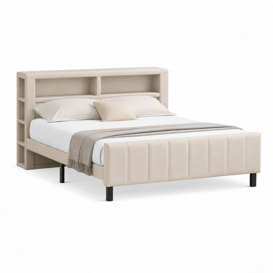 Polsterbett Doppelbett Beige mit Polyesterbezug und Stauraumkopfteil 160 x 200 cm