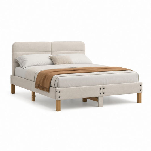 Polsterbett Doppelbett Beige mit Polyesterbezug und Massivholzbeinen 160 x 200 cm