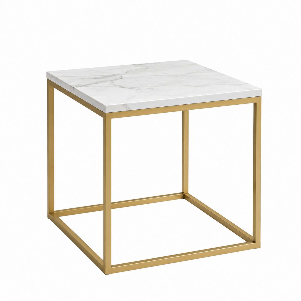 Beistelltisch Weiß Gold Stahl MDF Marmoroptik quadratisch 50 x 50 x 50 cm