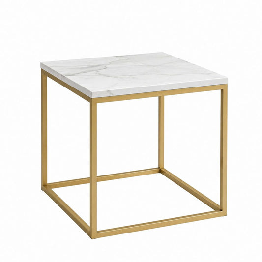 Beistelltisch Weiß Gold Stahl MDF Marmoroptik quadratisch 50 x 50 x 50 cm