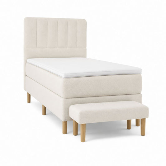 Polsterbett Einzelbett Creme Polyester-Bouclé Rechteckig mit Matratze und Bank 90 x 200 cm