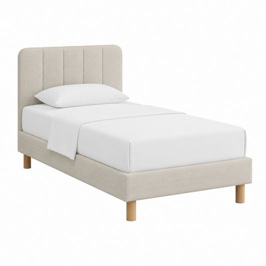 Polsterbett Einzelbett Beige Polyester mit gepolstertem Kopfteil und Holzfüßen 90 x 200 cm