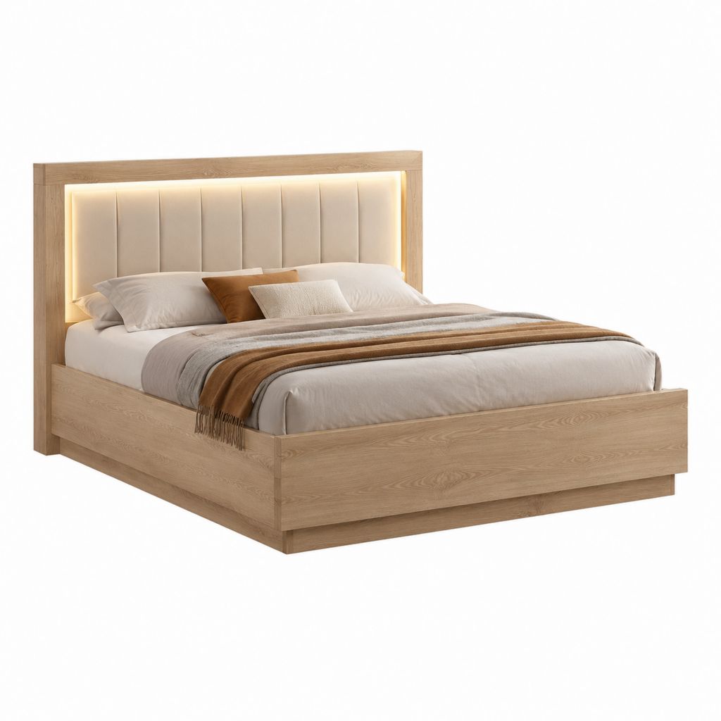 Doppelbettgestell mit LED Kopfteil Eiche Natur Beige MDF Spanplatte Polyester Rechteckig Liegefläche 180 x 200 cm Außenmaß 195 x 215 x 120 cm