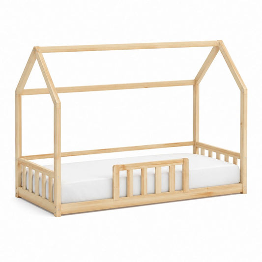 Kinderbett Hausbett Natur Kiefer Massivholz Hausform mit Rausfallschutz 90 x 200 cm