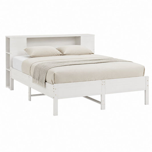 Doppelbett Bettgestell Weiß Kiefer-Massivholz Rechteckig 160 x 200 cm mit Regal-Kopfteil