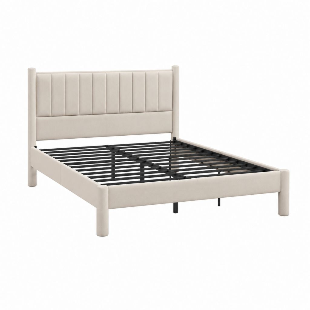 Polsterbett Bettgestell Beige Polyester Rechteckig 160 x 200 cm mit Metall-Lattenrost und Kopfteil